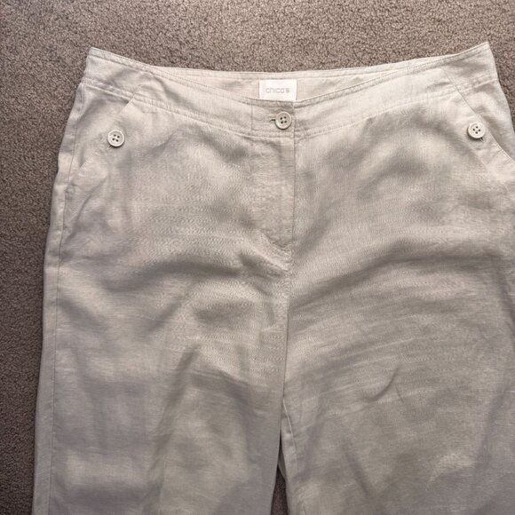 Chicos Linen Pants Womens L Beige Wide Leg Button Pull On Old Money Preppy Coast - Picture 6 of 7